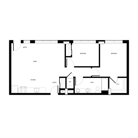 Floor plan for 2 beds, 1 bath, 975 sqft